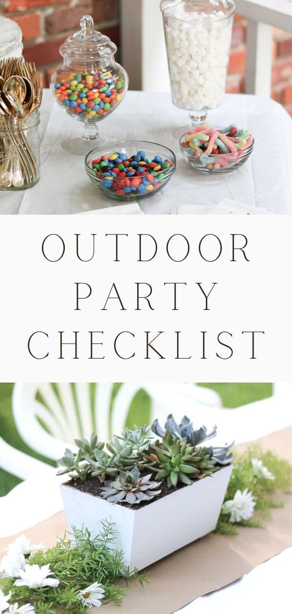 an outdoor party checklist with plants and food on the table, including candy bars