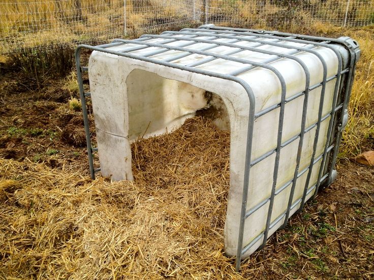 the dog house is made out of concrete and has been placed on dry grass in front of a wire fence