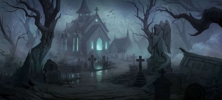 a creepy graveyard with tombstones and graves in the foreground, surrounded by spooky trees