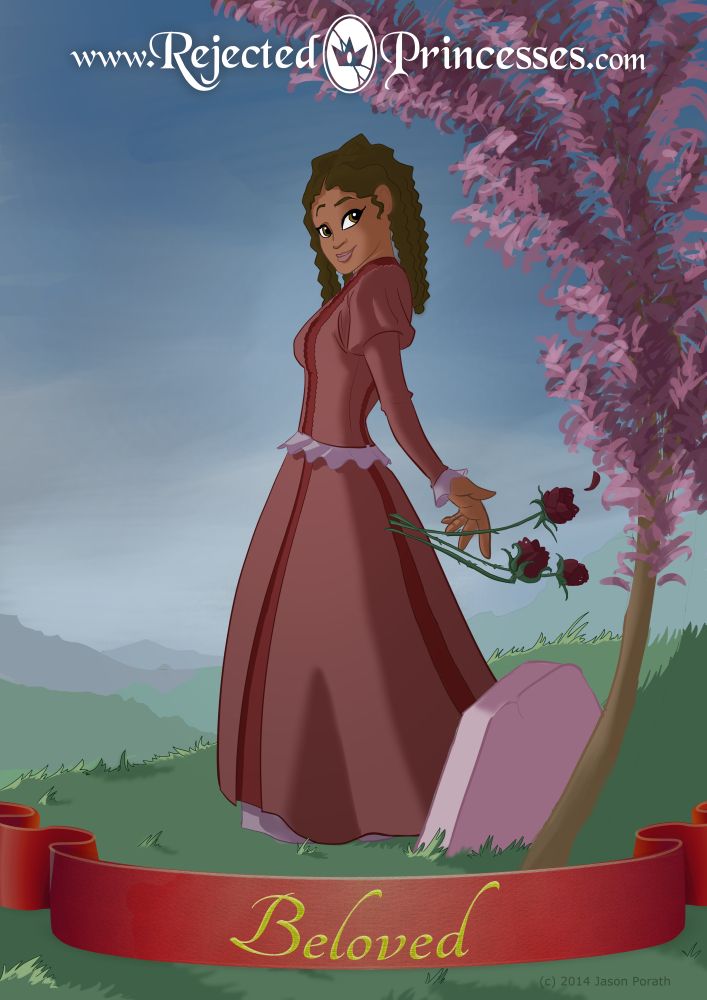 an animated image of a woman in a red dress holding a flower and standing next to a tree