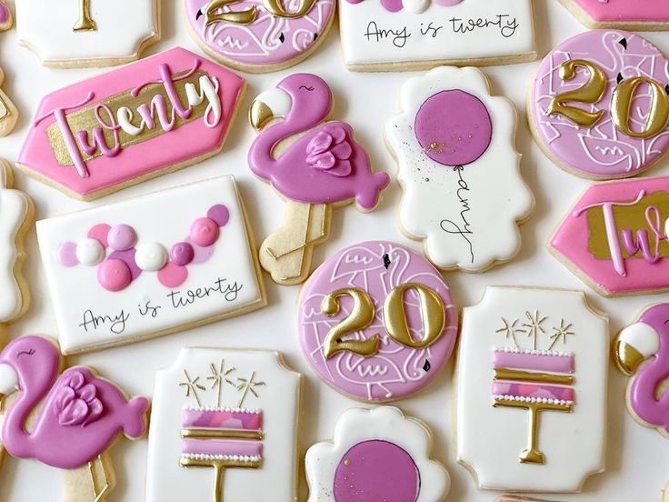 pink and gold decorated cookies for a 21st birthday