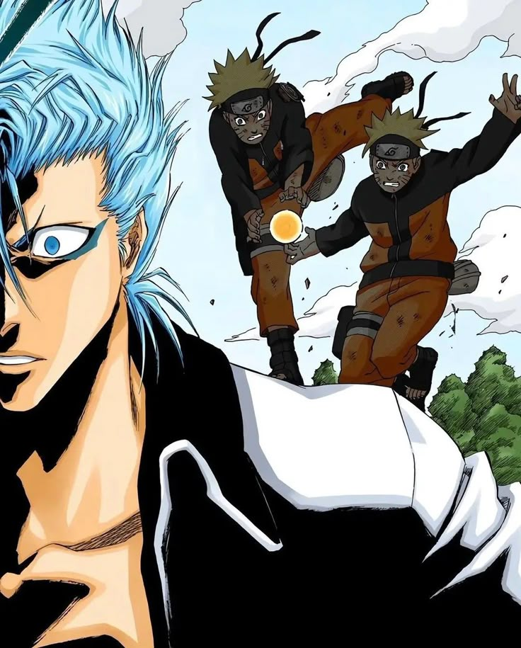 an anime character with blue hair and two other characters in the background, one wearing glasses