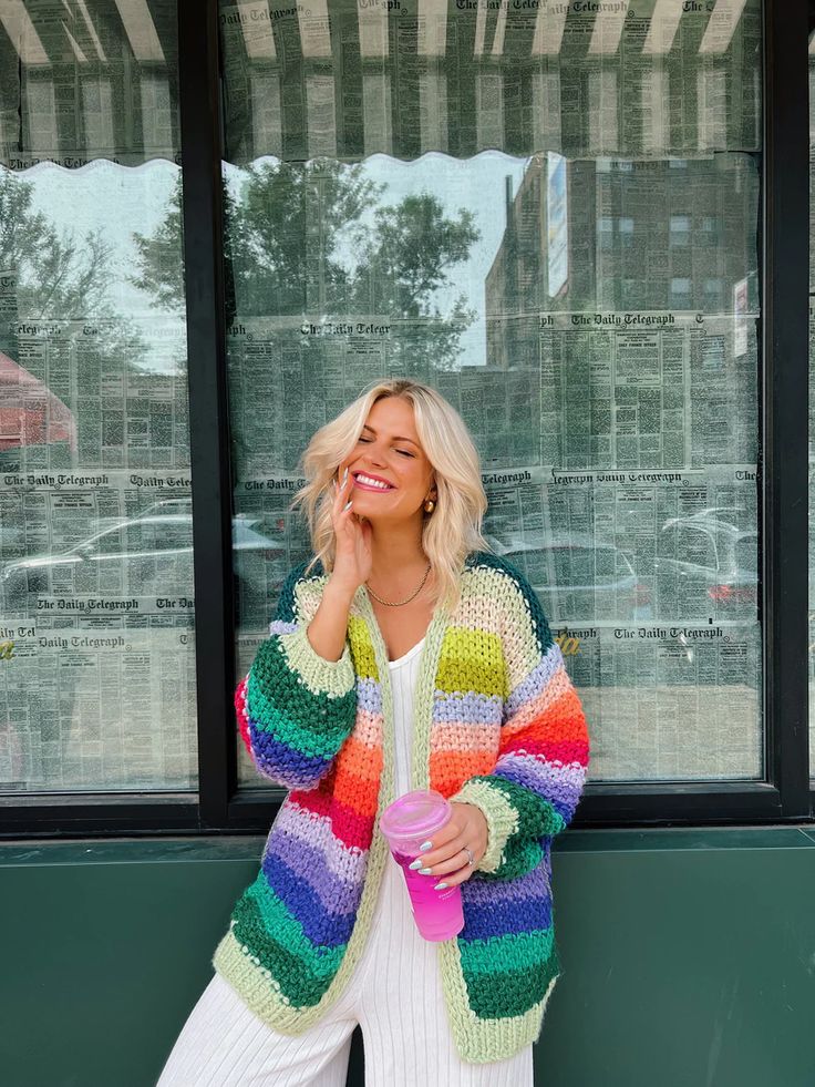 Made Of Magic Striped Cardigan // Green ��– Coco McCall Shop Cozy Colorful Knitted Cardigan, Affordable Multicolor Playful Cardigan, Oversized Long Sleeve Colorful Cardigan, Handmade Oversized Multicolor Cardigan, Colorful Cardigan, Playful Multicolor Long Sleeve Cardigan, Midi Skirts Style, Cardigan Green, Dopamine Dressing