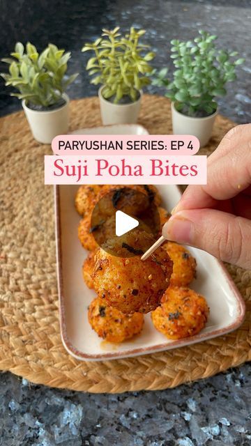 a person is holding a small plate with food on it and the words supi poha bites are in front of them