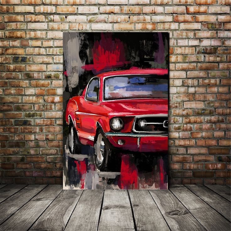 a painting of a red car in front of a brick wall on a wooden floor