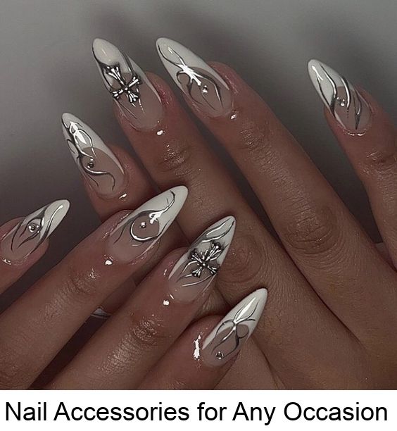 3321.Don't miss out on the latest nail trends! Click link for all the juicy details! #nails #nailtools #nailtrend #almondnaildesigns Silver Detail Nails, Hailey Bieber Nails Chrome Silver, Silver Chrome Nails Aesthetic, Chrome Grunge Nails, Silver Chrome Nails With Charms, Detail Nails, Chrome Nail Ideas, Chrome Y2k Nails + Charms, Chrome Nail Art