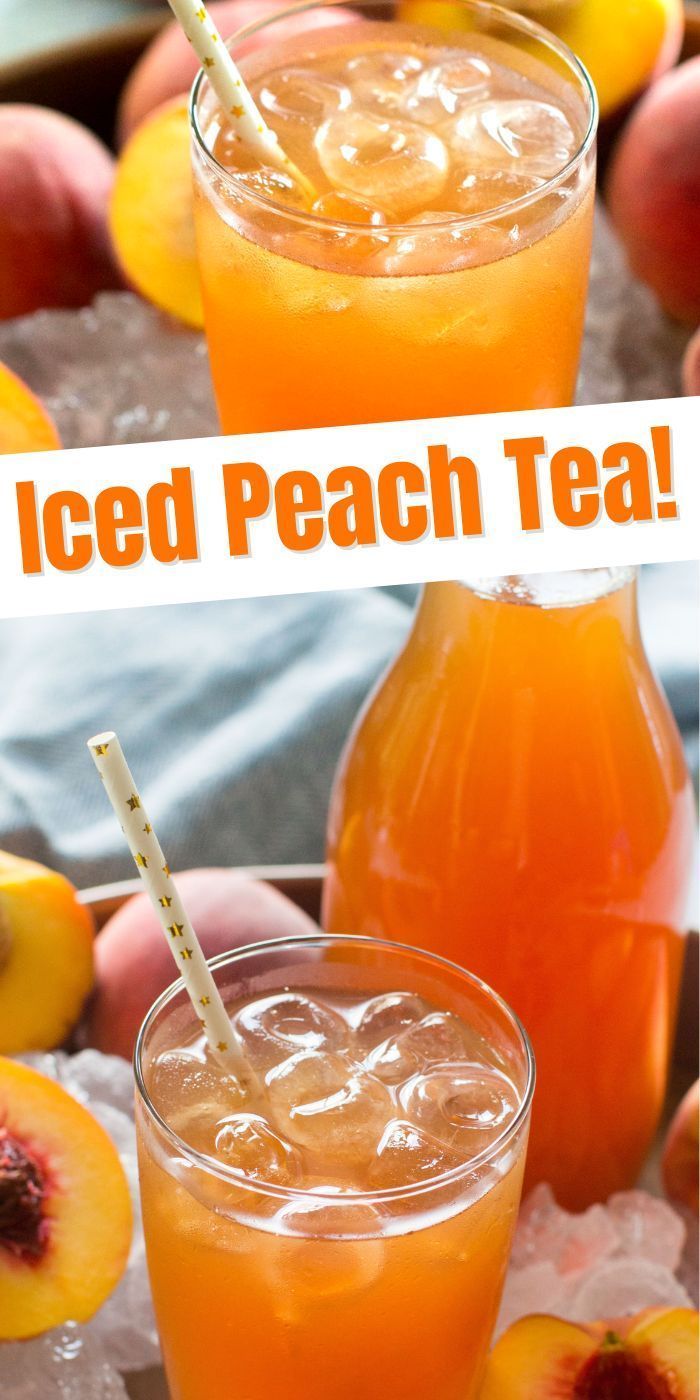 two glasses filled with iced peach tea on top of ice next to sliced peaches