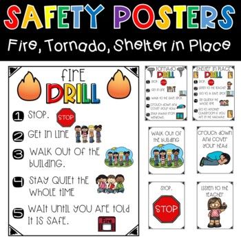 safety posters for fire, tornado, shelter in place with pictures and words on them