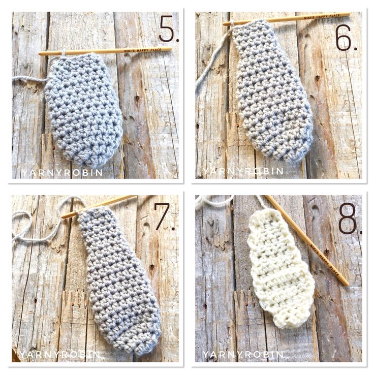 four pictures showing how to crochet an oven mitt