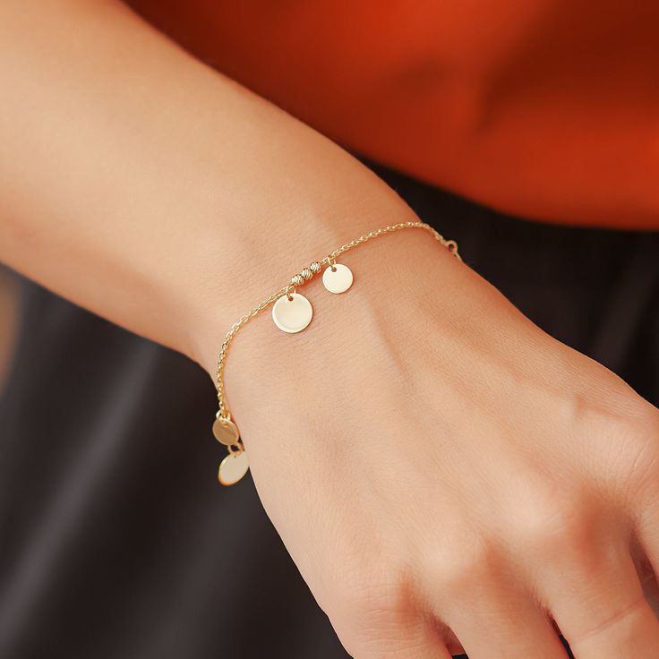 14k Solid Gold Disc Bracelet/Anklet, Custom Initial Engraved Gold Disc Coin Charm Bracelet/Anklet, Real Gold Multiple Letter Disc Pendant Bracelet Gift For Material: Solid Gold (Not Gold Filled or not Gold Plated) Karat: 14 K (585) (Real Gold) Small Disc: 6 mm Large Disc: 8 mm Bracelet Length: 6.0 inches - 8.5 inches Anklet Length: 9.0 inches - 12.0 inches We put an additional adjustment of 1 ring on the bracelets to use them 1 inch shorter. We put an additional adjustment of 2 rings on the ankl Rose Gold Plated Jewelry With Bracelet Strap, Rose Gold Gold-plated Jewelry With Bracelet Strap, Minimalist Charm Bracelet Jewelry, Minimalist Charms Bracelet Jewelry, Yellow Gold Bangle With Charms, Minimalist Charms Bracelet, Adjustable Gold Chain Bracelet With Polished Finish, Yellow Gold Charm Bracelet Jewelry, Adjustable Yellow Gold Chain Bracelet With Polished Finish