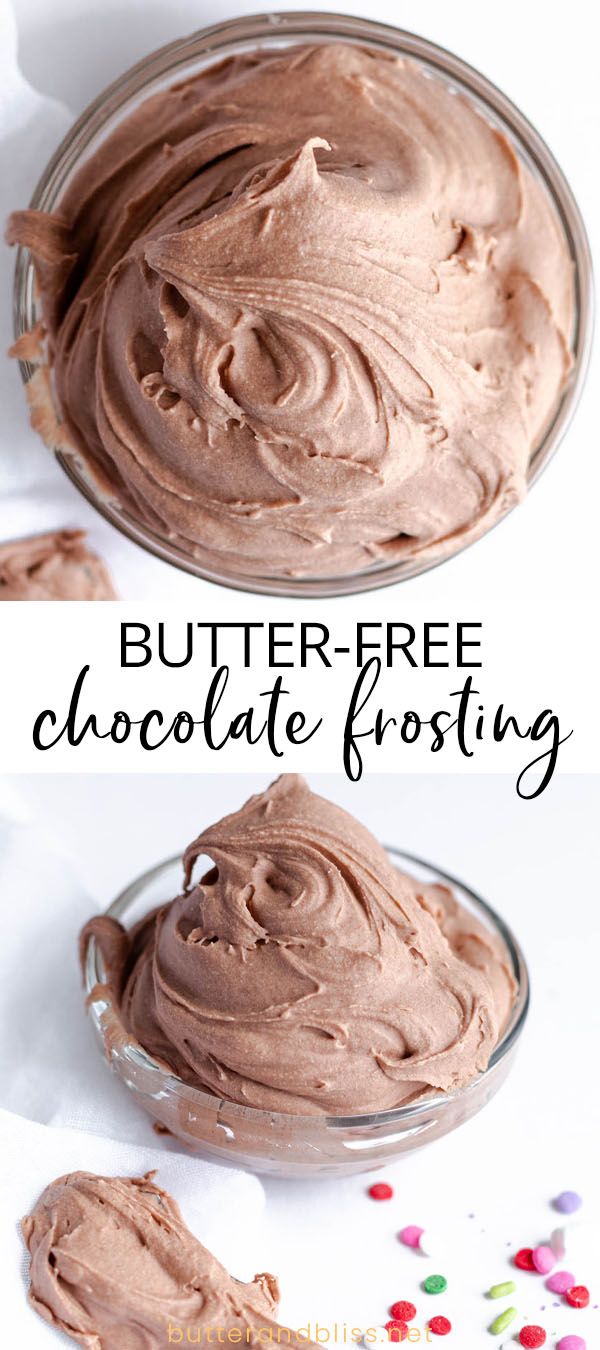 chocolate frosting in a glass bowl with the words butter - free chocolate frosting