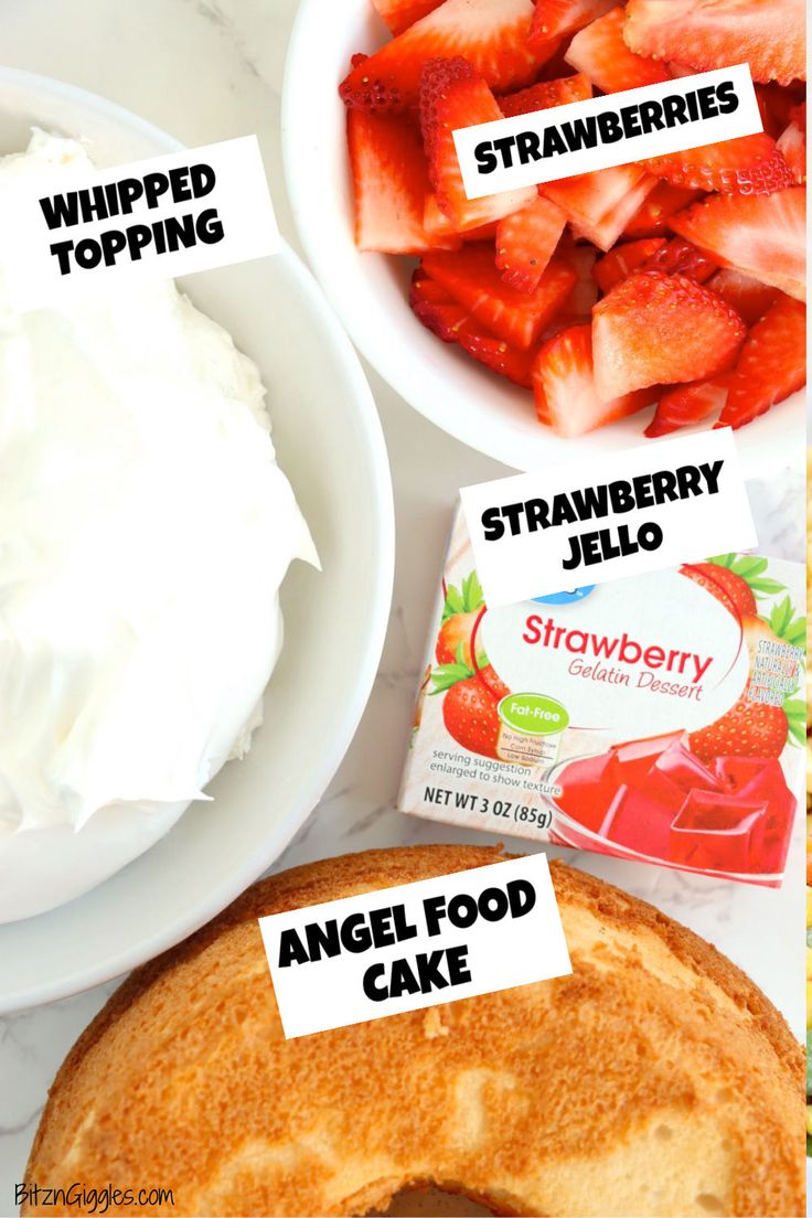 the ingredients for an angel food cake are labeled in english and french words, including strawberries, strawberry jello, angel food cake