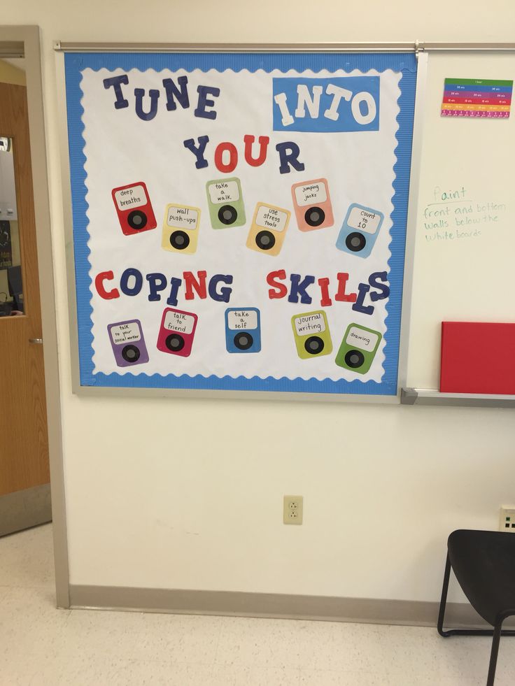 a bulletin board that says tune into your coping skills in front of a classroom door