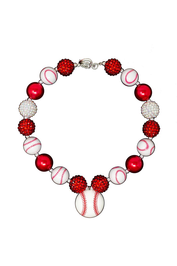 For the girl who loves to cheer on sports, this Red & White Baseball Necklace makes a perfect addition to her jewelry collection. This girls' necklace features a baseball pendant dangling from a red & white beads she'll love. This necklace works just as well with her dressy ensembles as with a jeans and tee combo. Please note: We check all necklaces before being shipped out to insure you do not receive damaged items. As such, we will not be sending out replacements or refunding necklaces Baseball Necklace, Sparkle In Pink, Bracelet Keychains, Diy Bracelet Designs, Themed Jewelry, Diy Bracelet, Shell Beads, White Beads, Bracelet Designs