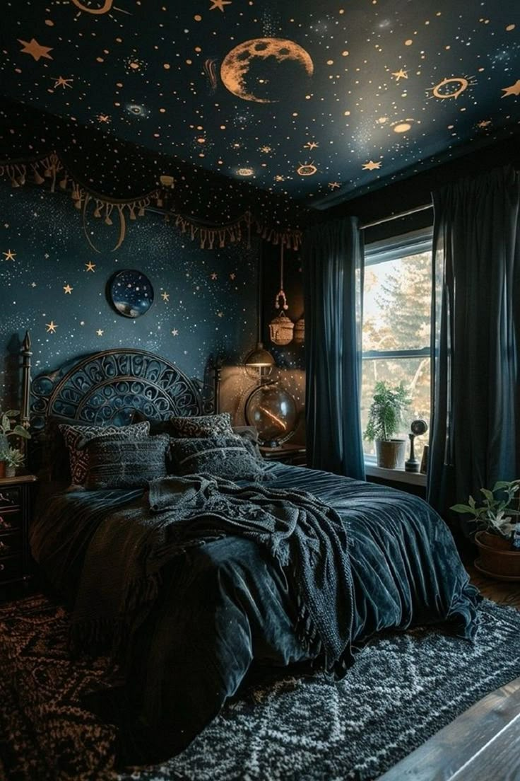 a bed room with a large window and stars on the ceiling