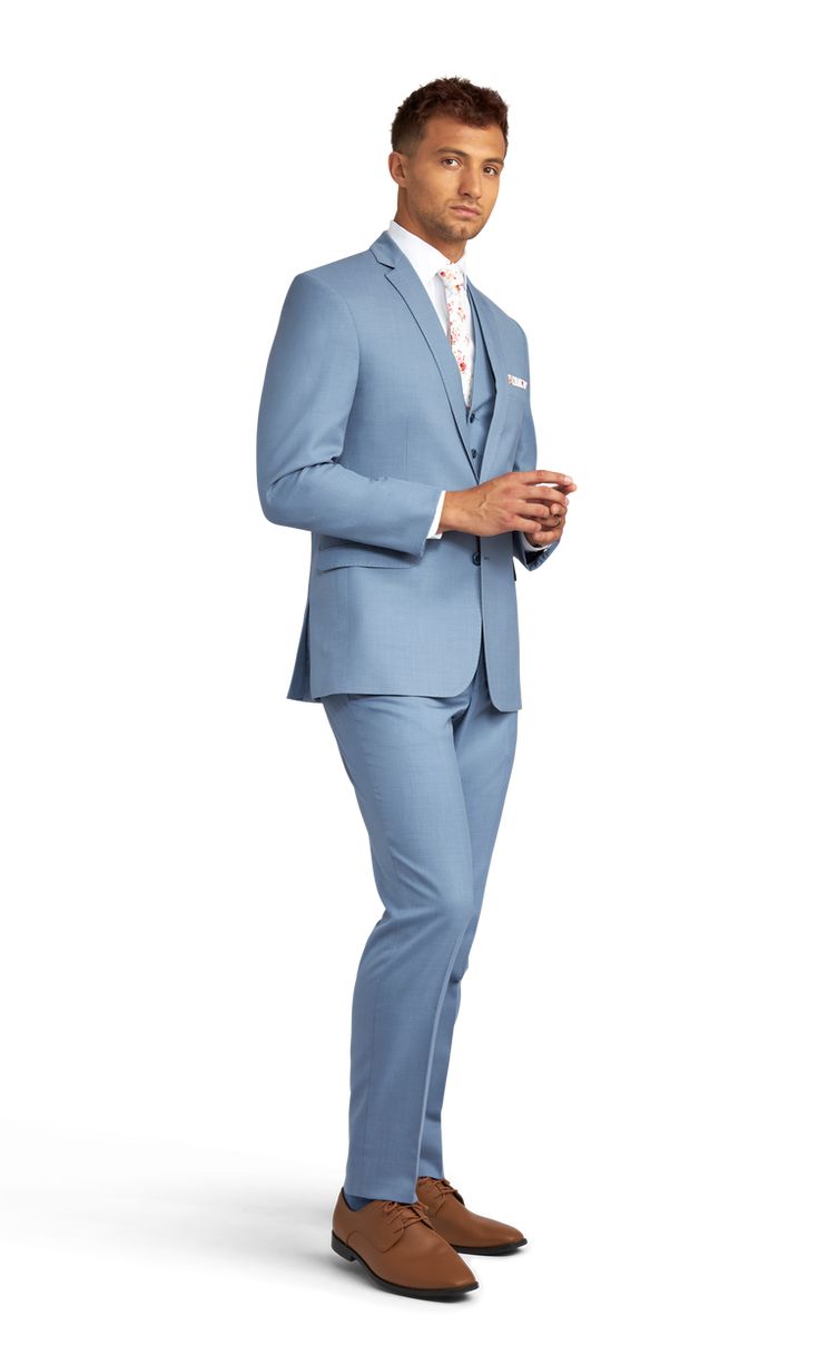 A slim light blue suit with two buttons and a notch lapel. Classic Blue Three-piece Suit With Single Button, Blue Single-button Suits With Suit Collar, Light Blue Notch Lapel Suits For Work, Blue Single Button Suit With Suit Collar, Classic Fitted Light Blue Suit, Classic Light Blue Fitted Suit, Blue Three-piece Suit With Single Button And Notch Lapel, Blue Notch Lapel Suit In Suiting Fabric, Blue Fitted Suit With Notch Lapel