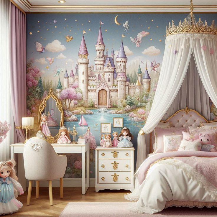 a bedroom decorated in pink and white with princess's castle mural