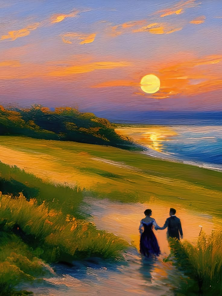 a painting of two people walking down a path towards the ocean