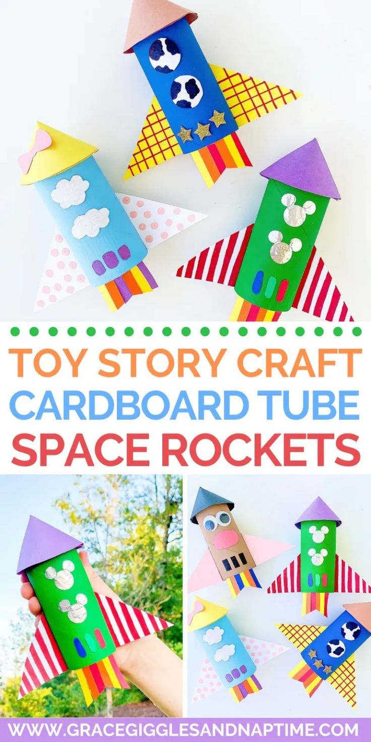 the story craft card board tube space rockets is made from construction paper and cardboard it's easy to make