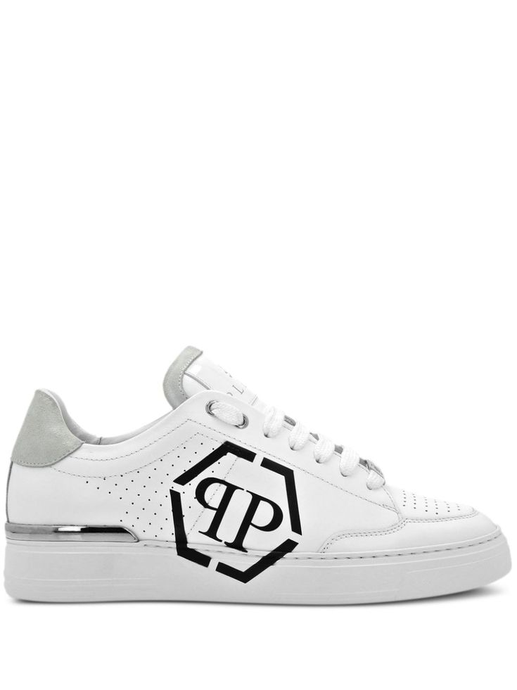 white/light grey/black calf leather perforated embellishment round toe logo print to the side logo-print tongue contrasting heel counter padded ankle branded leather insole leather lining flat rubber sole front lace-up fastening Balenciaga Triple S, Philipp Plein, Espadrille Shoes, Designer Sneakers, Party Shoes, Nike Jordan, Sneakers White, Mens Shoes Sneakers, Nike Air Jordan