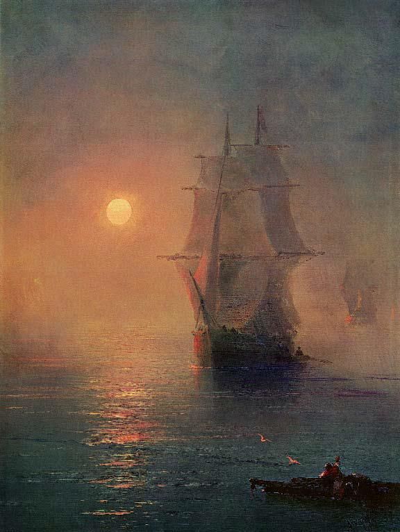 a painting of a ship sailing in the ocean at sunset with fog and sun behind it