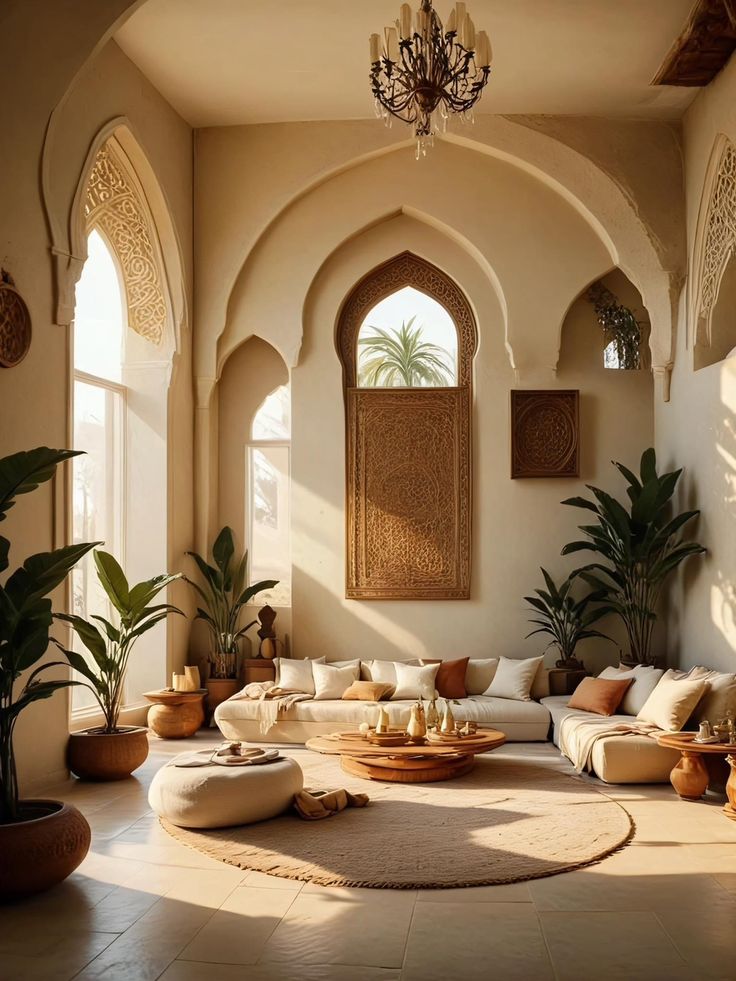 a living room filled with lots of furniture and potted plants on top of it