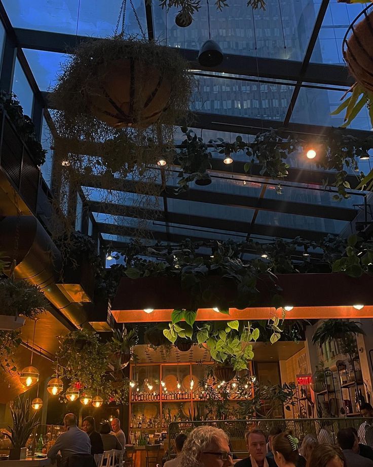 people sitting at tables in a restaurant with plants hanging from the ceiling