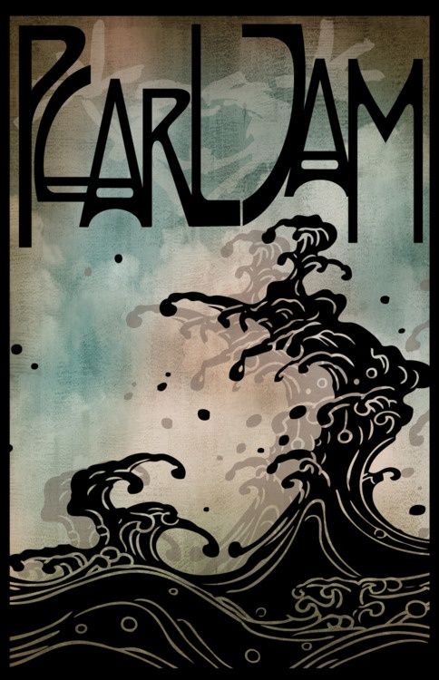 a poster with the words parlam in black and green ink, on top of an ocean wave