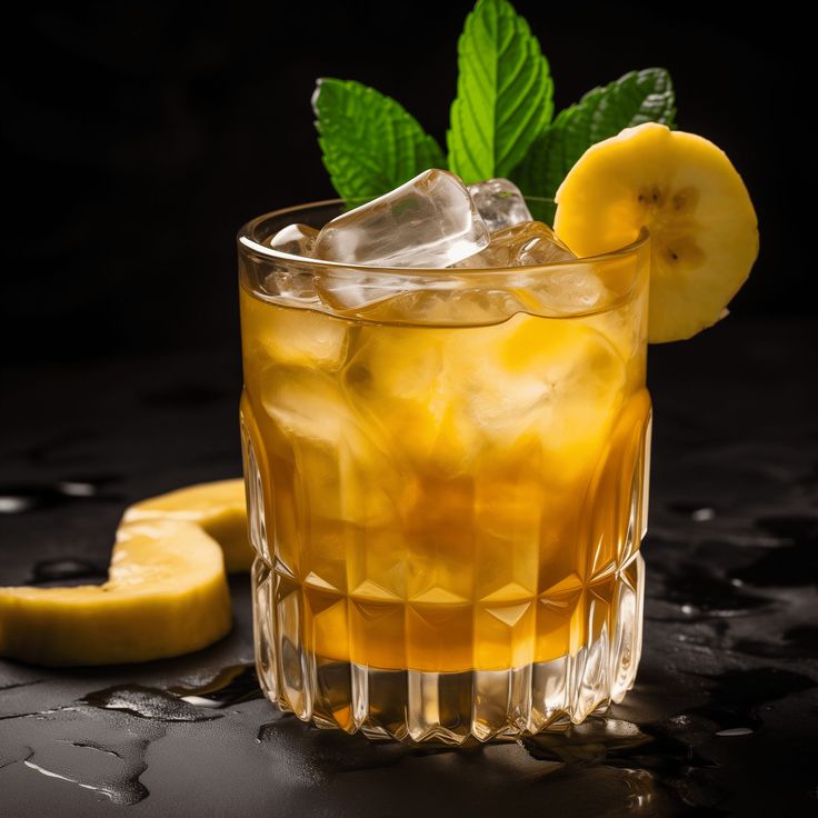 a close up of a drink in a glass with ice and lemon slices on the side