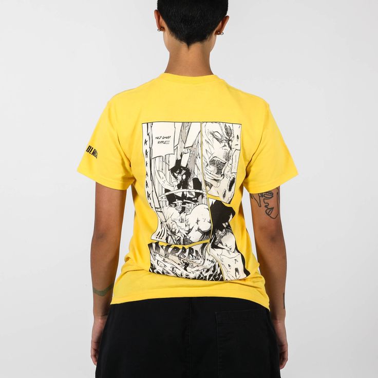 Printed art on the front and back Short sleeve tee Ribbed crew neck Regular fit 100% cotton Model wears medium Atsuko exclusive Officially licensed Apple Black merchandise Japanese Lifestyle, Yellow Tees, Retail Experience, Printed Art, Close Up, Short Sleeve Tee, Crew Neck, Yellow, How To Wear