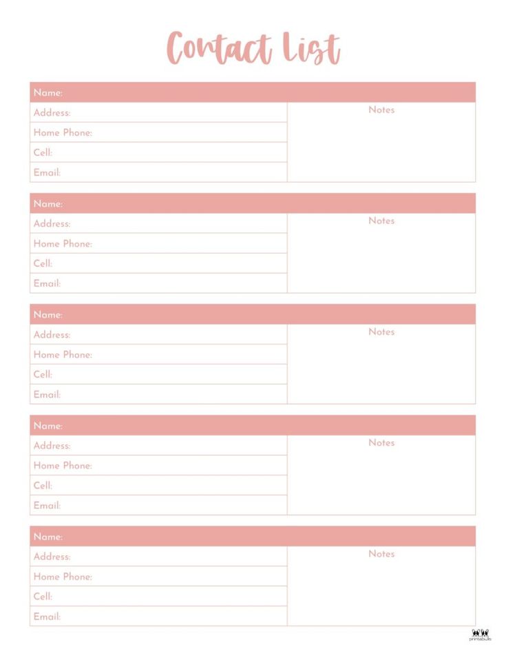 a pink and white printable contact list with the words, contact list on it