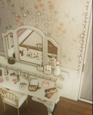 a desk and chair in a room with floral wallpaper on the walls behind it