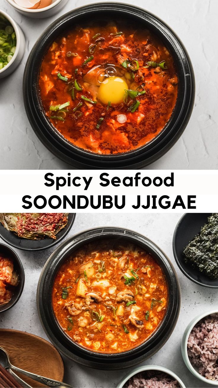 spicy seafood soup in a black bowl with spoons and bowls full of other dishes