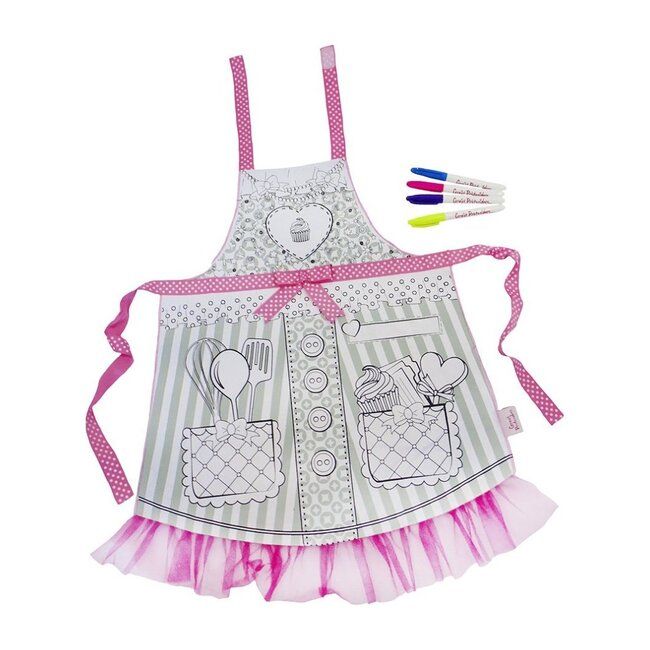 a child's apron with pink ruffles on the bottom and two crayons