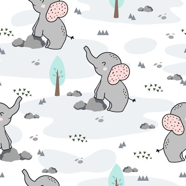 the elephants are playing in the snow with trees and clouds behind them on a white background