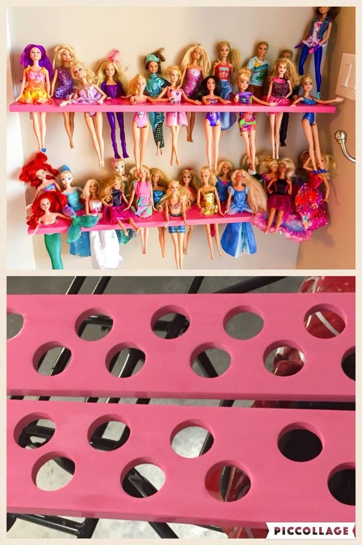 there are many barbie dolls on the shelf and one is pink with holes in it