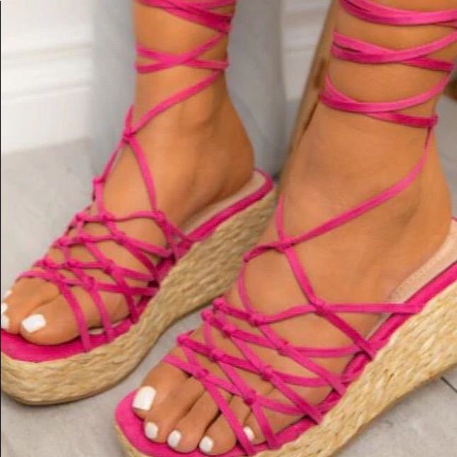 Pink Espadrille Tie Up Wedge Sandals Cute, Comfy, Fuschia Pink, Beach High Heel Lace-up Synthetic Sandals, Beach Lace-up Closed Toe Sandals In Synthetic, Summer Beach Lace-up Wedge Sandals, Platform Lace-up Sandals For Beach, Strappy Wedge Sandals For Beach, Summer Vacation Heels With Strappy Design, Summer Vacation Strappy Heels, Pink Wedge Sandals For Beach With Round Toe, Pink Wedge Sandals With Round Toe For The Beach