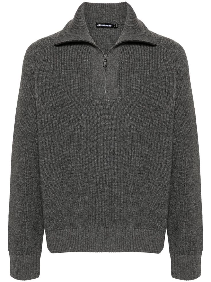 medium grey wool blend knitted construction ribbed knit mélange effect half front zip fastening high neck long sleeves ribbed cuffs and hem straight hem City Shorts, J Lindeberg, Sweater Grey, Balenciaga Triple S, High Neck Long Sleeve, Summer Beach Wear, Light Jacket, Jacket Style, Grey Sweater