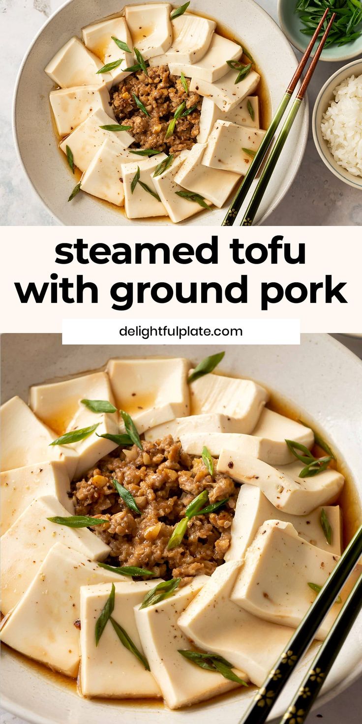 steamed tofu with ground pork in a white bowl and chopsticks on the side