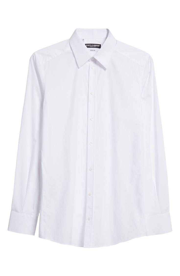 A smart wardrobe essential, this Italian-crafted shirt is cut from pure cotton poplin for a crisp look and easy movement. 30" length; 40 1/2" chest (size 40) Raised placket Point collar Long sleeves with button cuffs 100% cotton Machine wash, line dry Made in Italy Designer Clothing White Poplin Button-up Shirt, Formal White Poplin Tops, White Poplin Tops For Formal Occasions, White Poplin Office Shirt, White Poplin Shirt For Work, White Poplin Shirt For Office, White Poplin Top With Spread Collar, Modern White Cotton Dress Shirt, White Long Sleeve Poplin Shirt