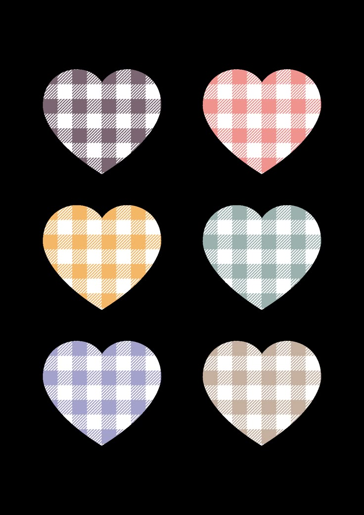 four hearts in different colors and patterns on a white background, each with a gingham checkered pattern