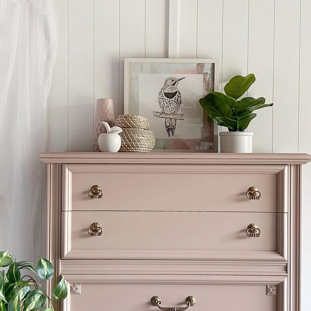 a pink dresser with some plants on top