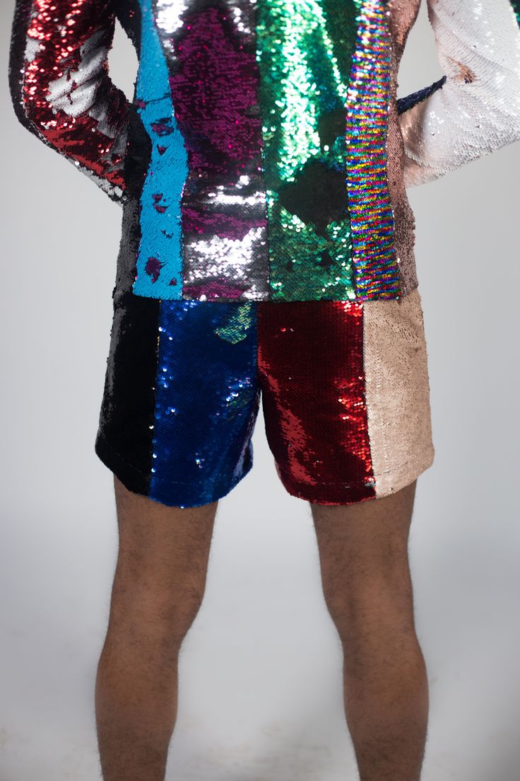 Multi colored flip sequin, sewn in panels Red Sequin Shorts, Multicolor Denim Jean Shorts, Retro Multicolor Shorts, Multicolor Printed Shorts, Playful Multicolor Printed Shorts, Roller Skating Outfits, Skating Outfits, Fabric Panels, Edgy Outfits