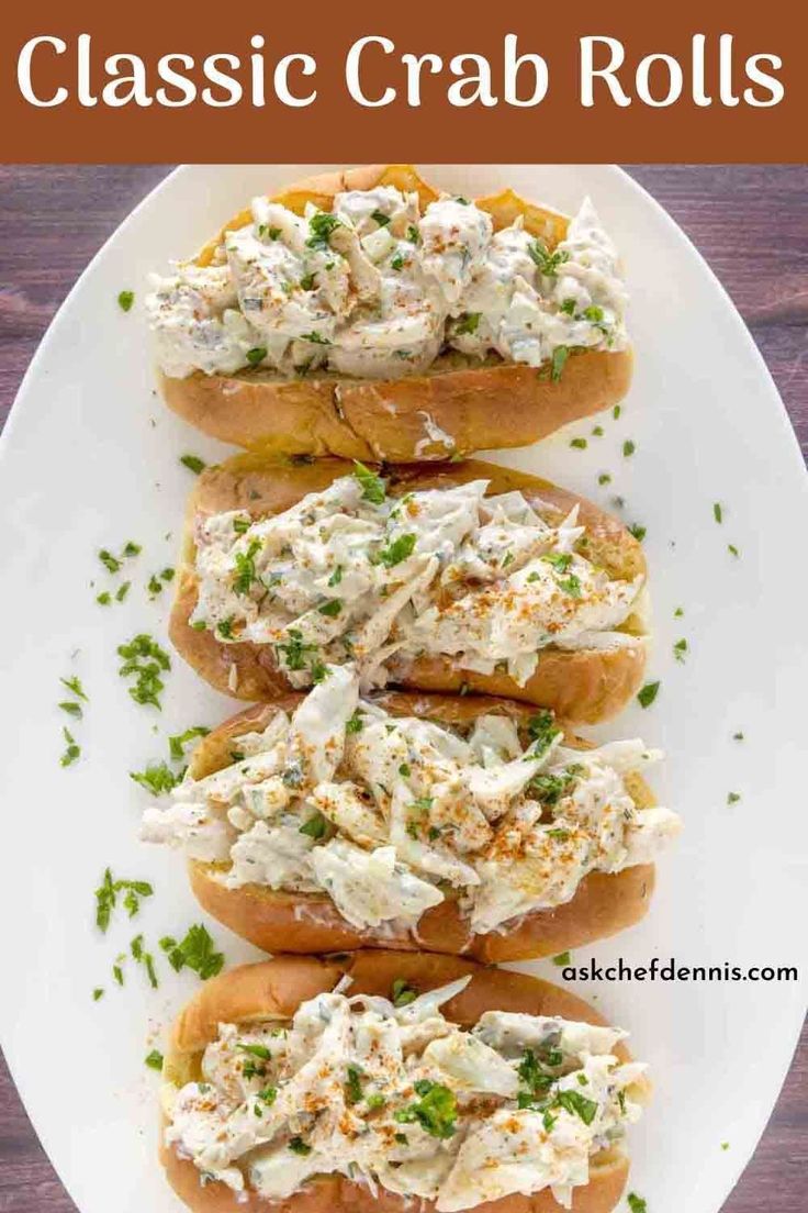 crab salad rolls on a white plate with text overlay that reads classic crab rolls