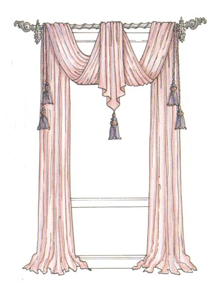 a drawing of a curtain with tassels hanging from it's rod ends