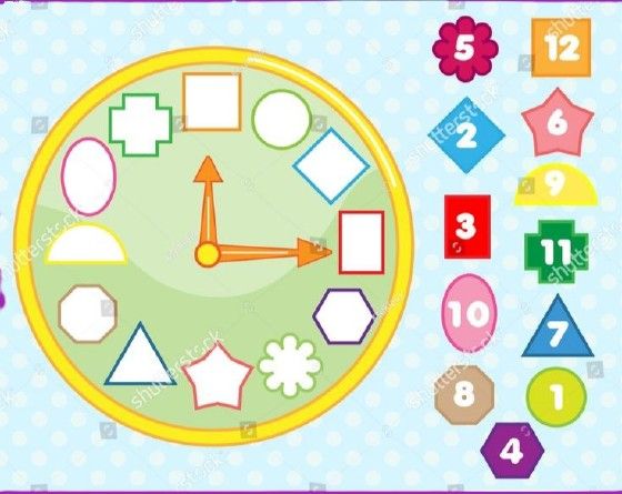 a cartoon clock with numbers and shapes for children to learn how to tell the time