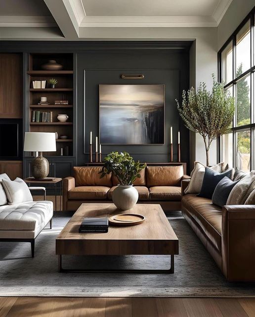 a living room filled with lots of furniture next to large windows and bookshelves