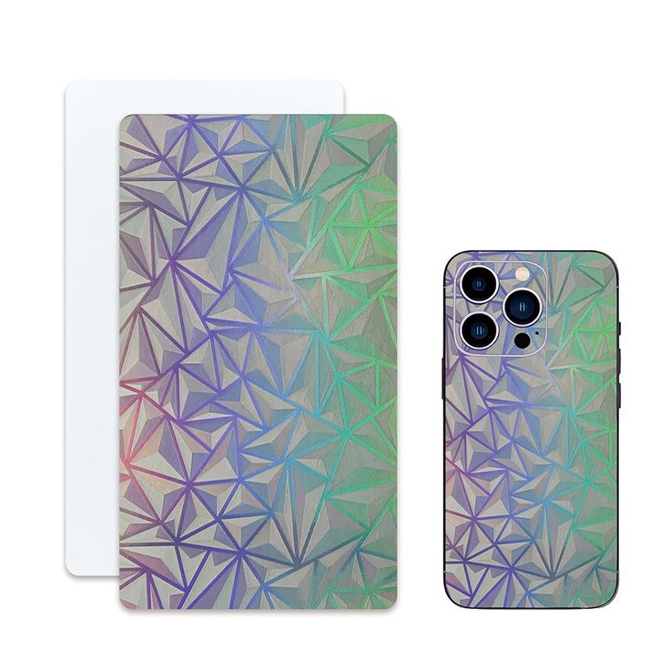 the back and side of a phone case with an image of triangles on it, both in pastel colors