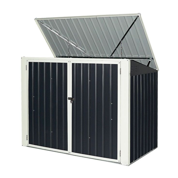 an outdoor storage shed with a metal roof