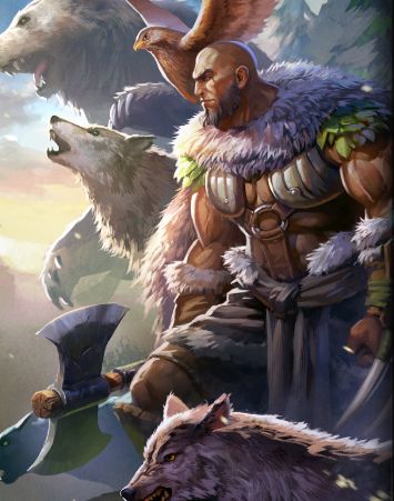 an image of a man and two wolfs